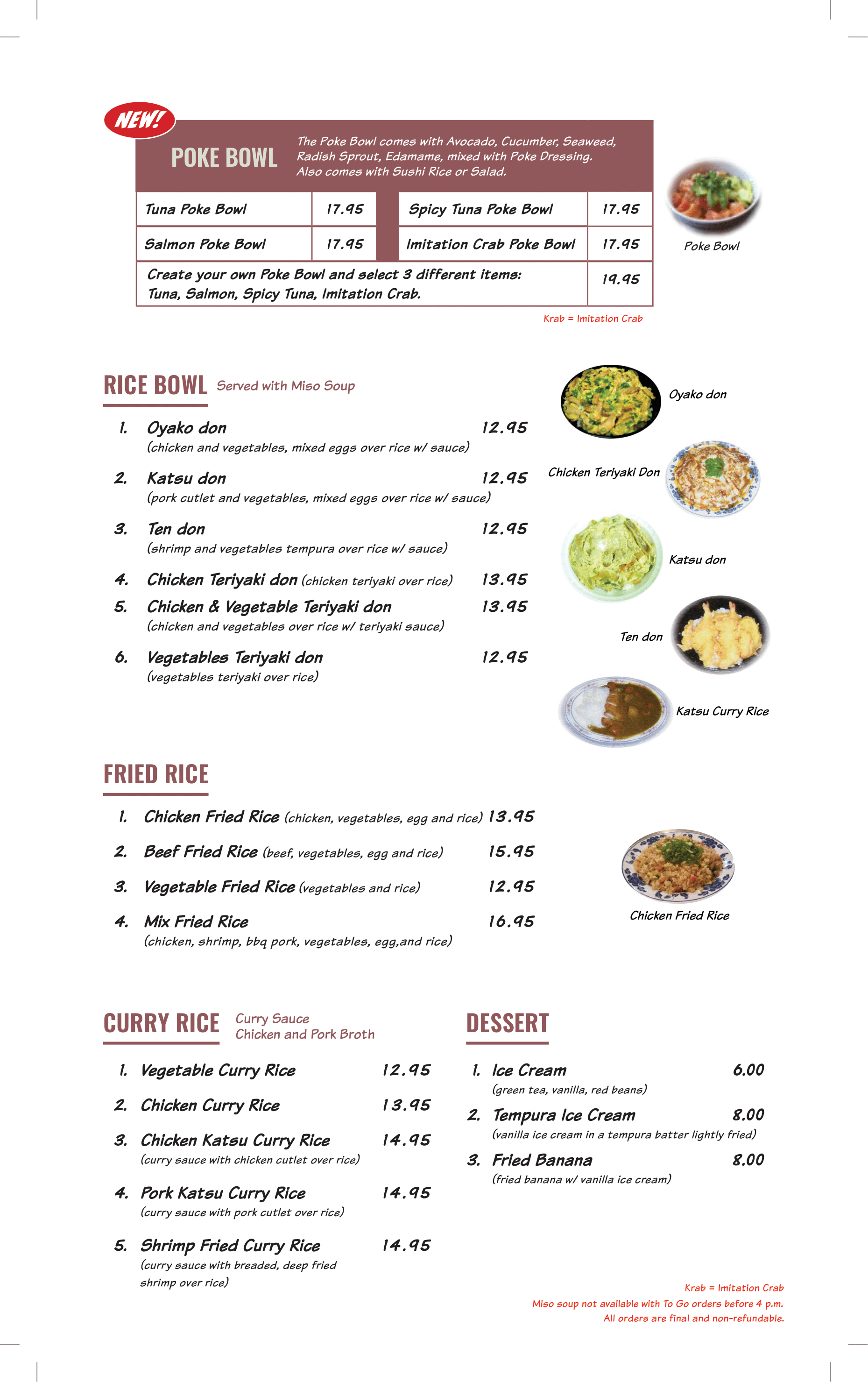 poke bowl, rice bowl, fried rice, curry rice, dessert